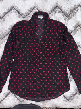Express Black Button-Down Shirt with Red Polka Dots
